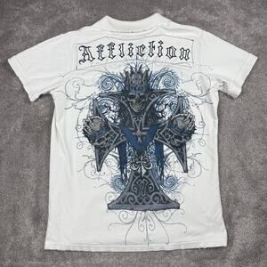 Vtg Affliction Skulls Cross Graphic Polo Shirt White Blue Distressed Size L